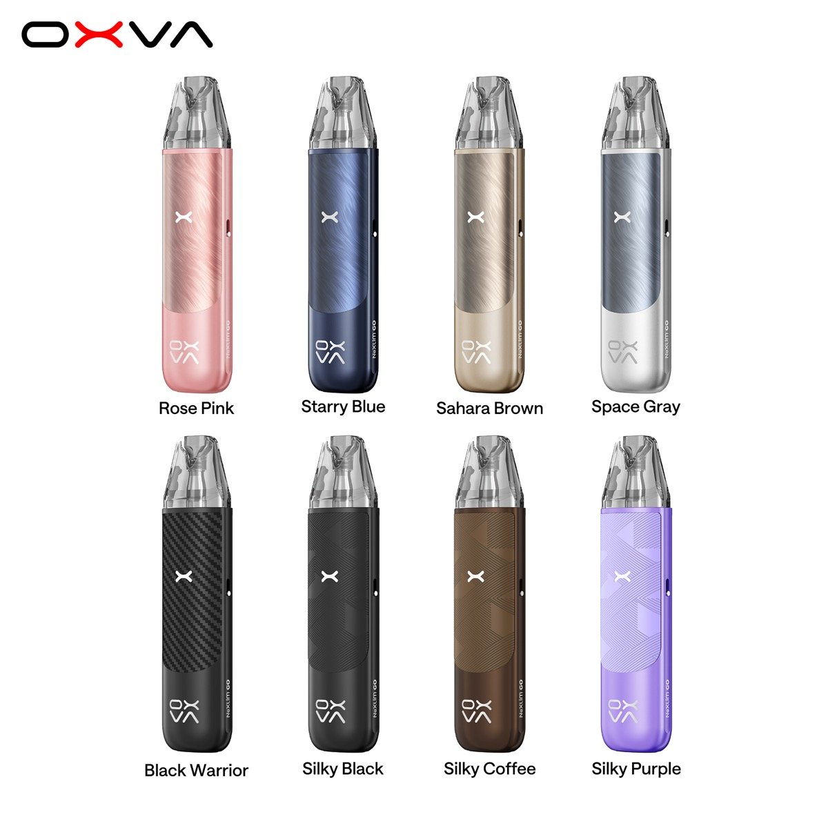 OXVA NeXLIM Go pod kit in all 8 colours: Rose Pink, Starry Blue, Sahara Brown, Space Gray, Black Warrior, Silky Black, Silky Coffee, Silky Purple