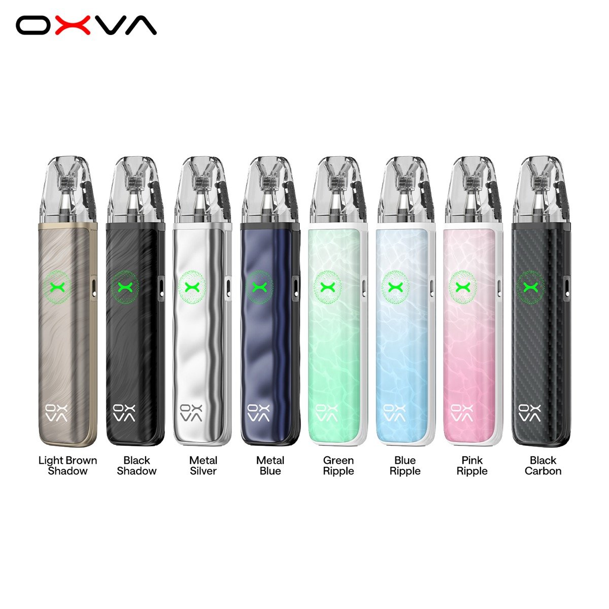 OXVA XLIM Go 2 pod kit in all 8 colours: Light Brown Shadow, Black Shadow, Metal Silver, Metal Blue, Green Ripple, Blue Ripple, Pink Ripple, Black Carbon