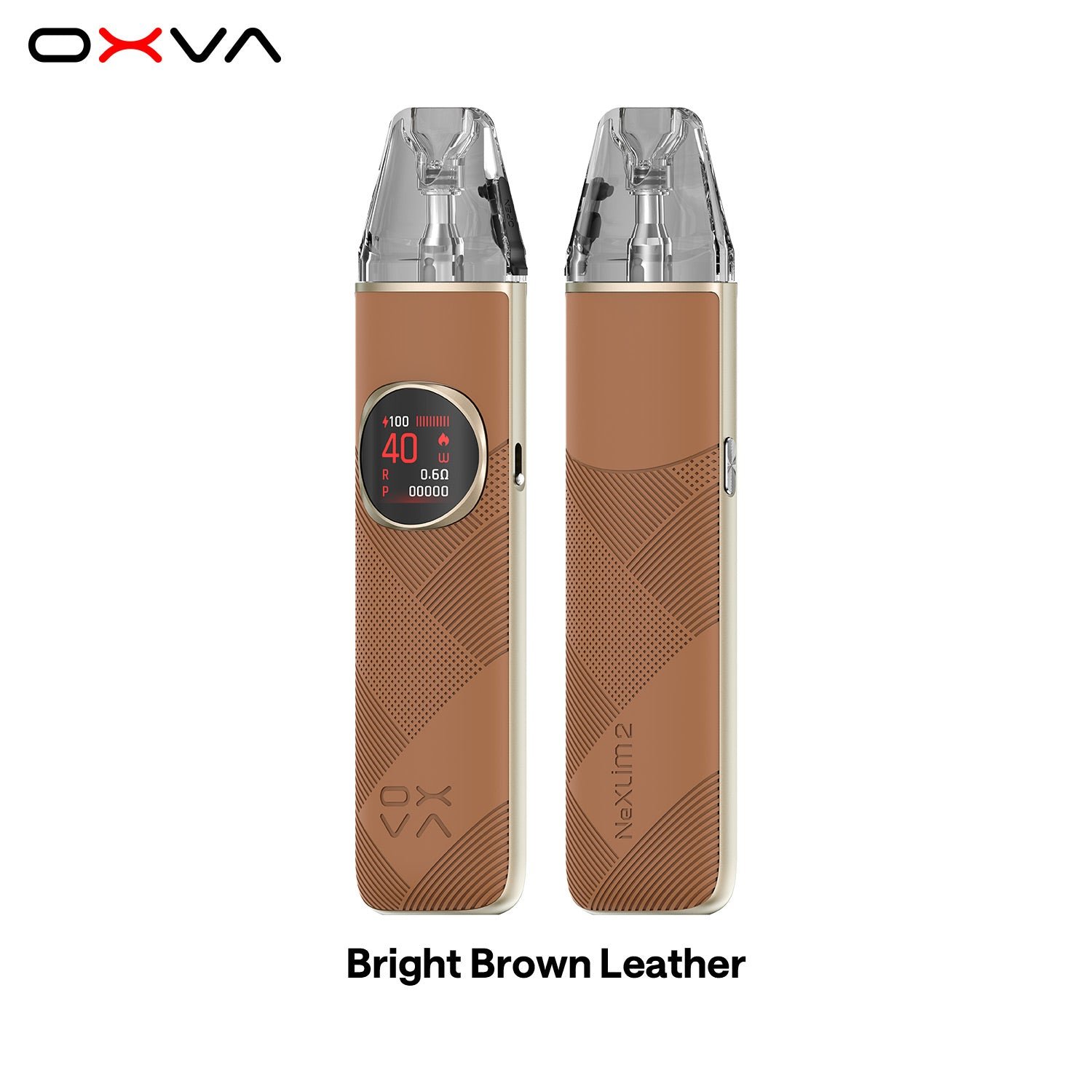 OXVA NeXLIM 2 dual-mesh pod vape kit in Bright Brown Leather colourway