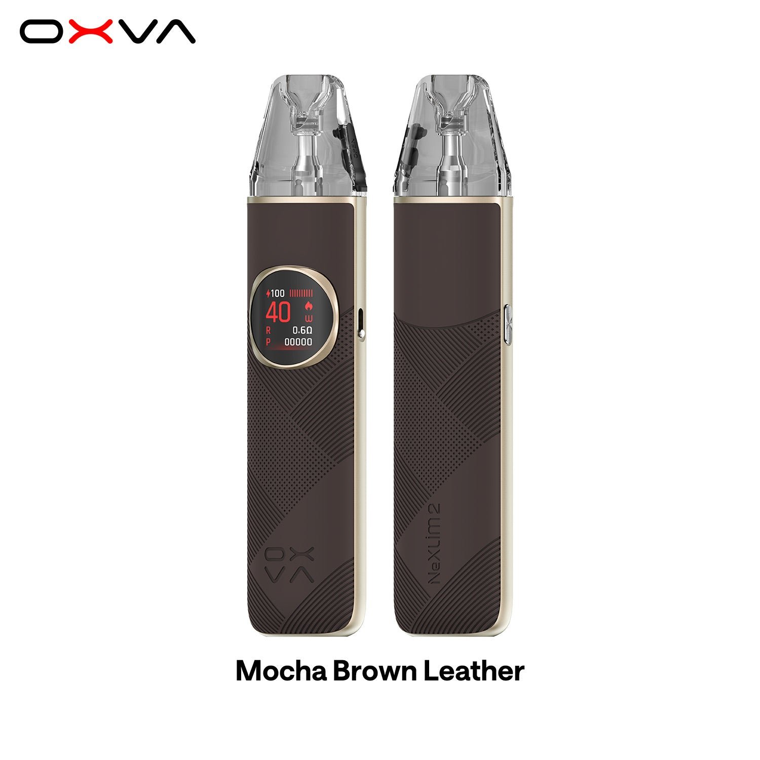 OXVA NeXLIM 2 dual-mesh pod vape kit in Mocha Brown Leather colourway