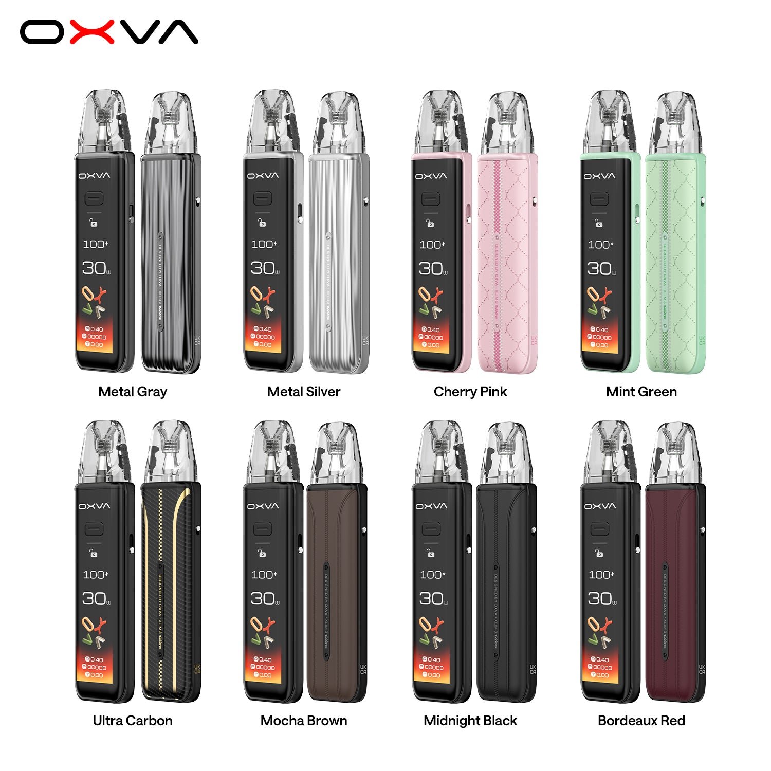 All OXVA XLIM 3 Ultra colourways lined up together