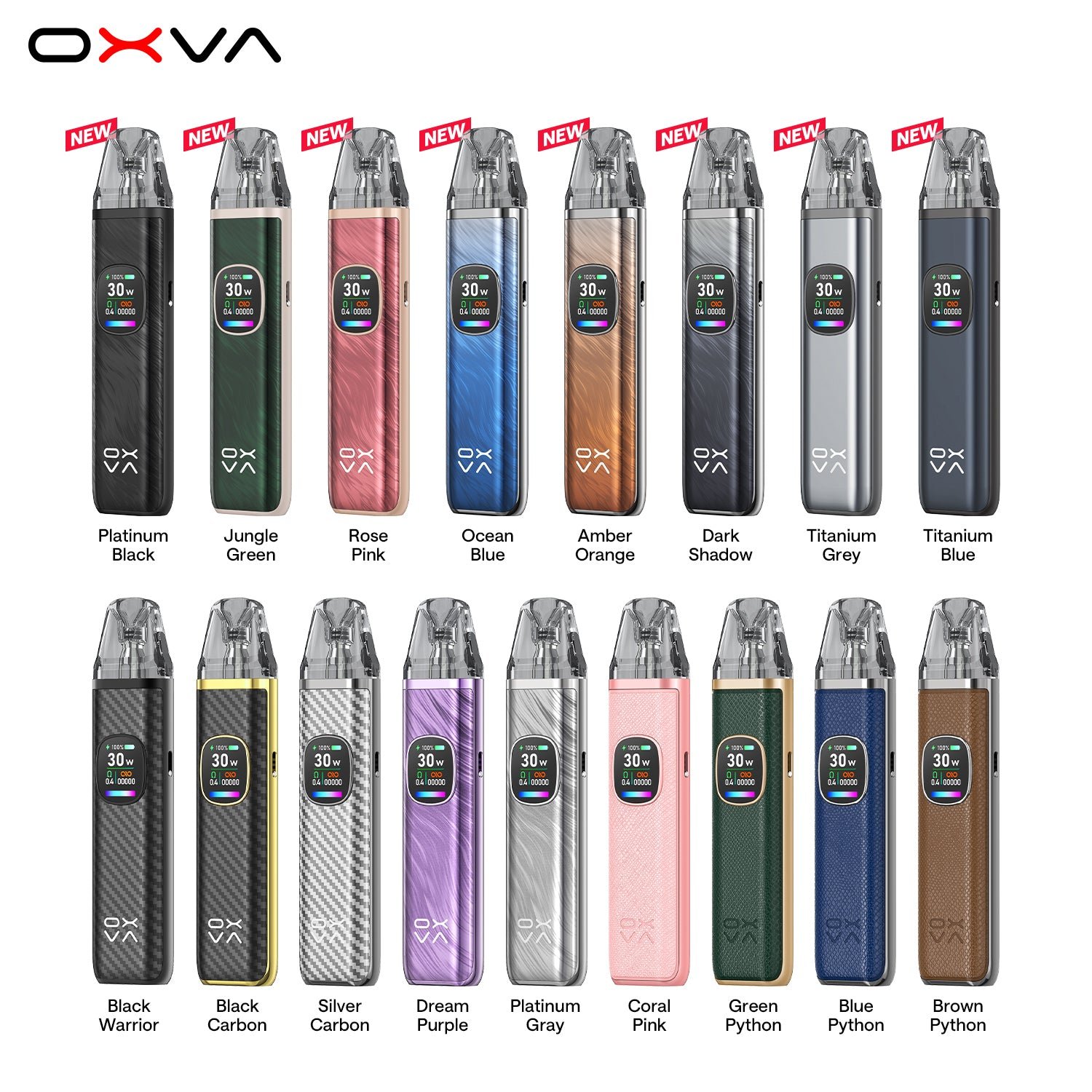 All OXVA XLIM Pro 2 colourways lined up together