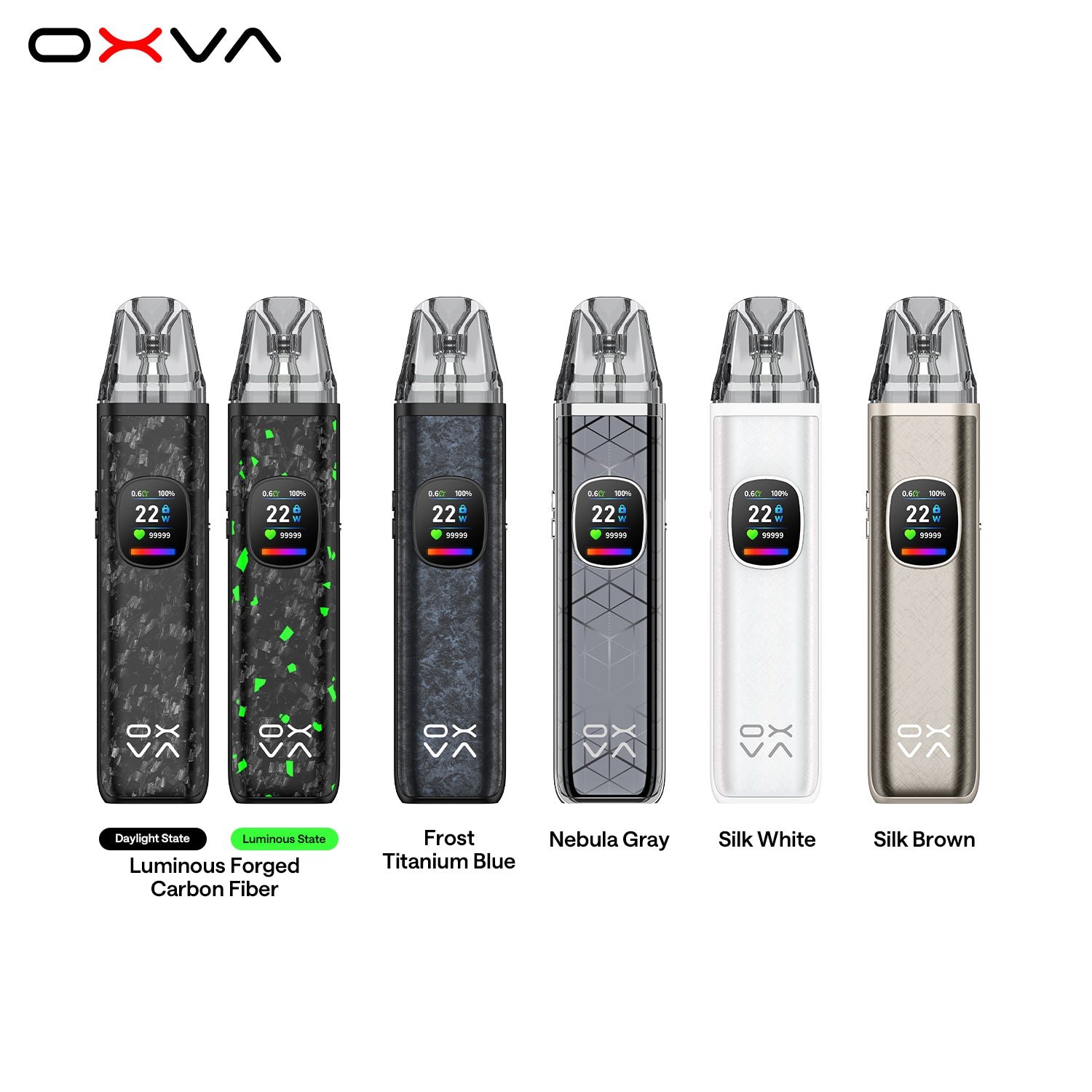 All OXVA XLIM Pro 2 DNA colourways lined up together