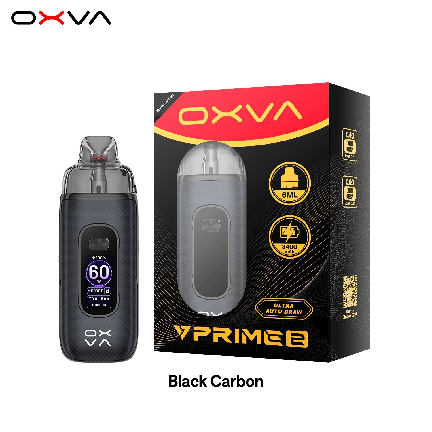 OXVA VPrime 2 Black Carbon device and official packaging